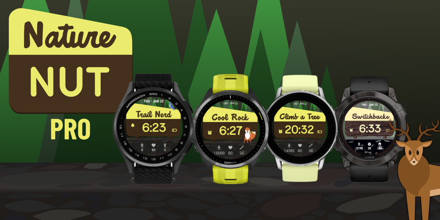 Four examples of different options of a Garmin watch face with a wood grain background and a animal illustrations. The header text says 'Nature Nut Pro' and the data fields include steps, heart rate, and battery.