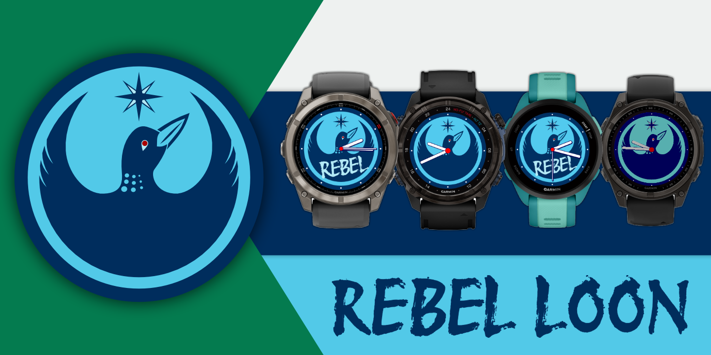 Four examples of an analog Garmin watch face with a blue-green background and a loon illustration in the center. The header text says 'Rebel Loon'.